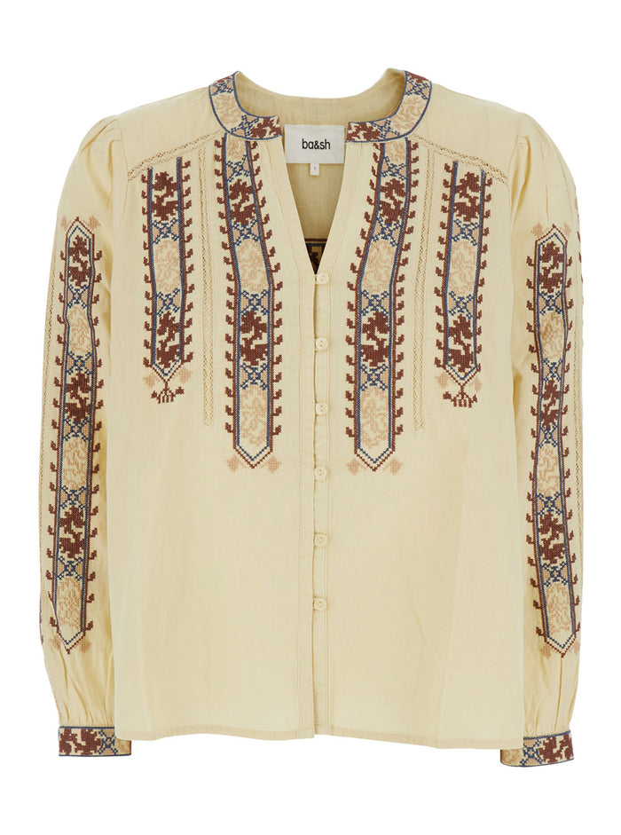 Blouse Faustina Beige With Long Sleeves And Linen Details Cotton Shirts Blouses