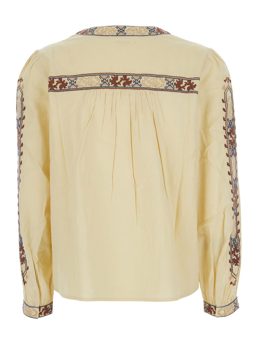 Blouse Faustina Beige With Long Sleeves And Linen Details Cotton Shirts Blouses