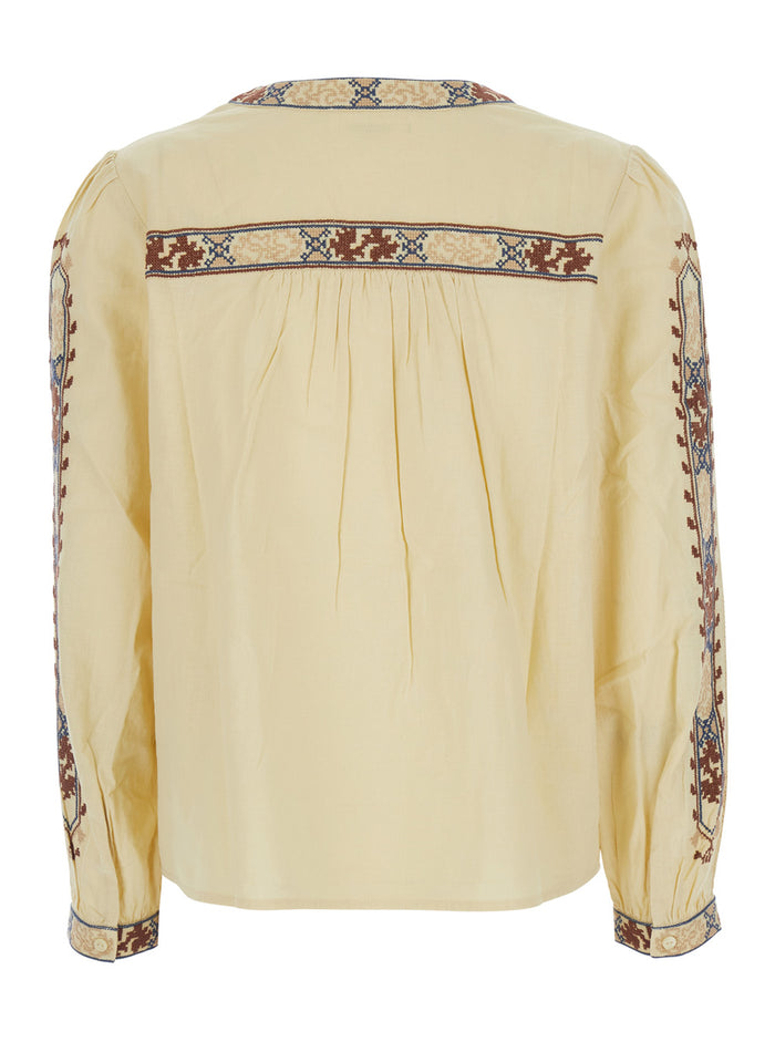 Blouse Faustina Beige With Long Sleeves And Linen Details Cotton Shirts Blouses