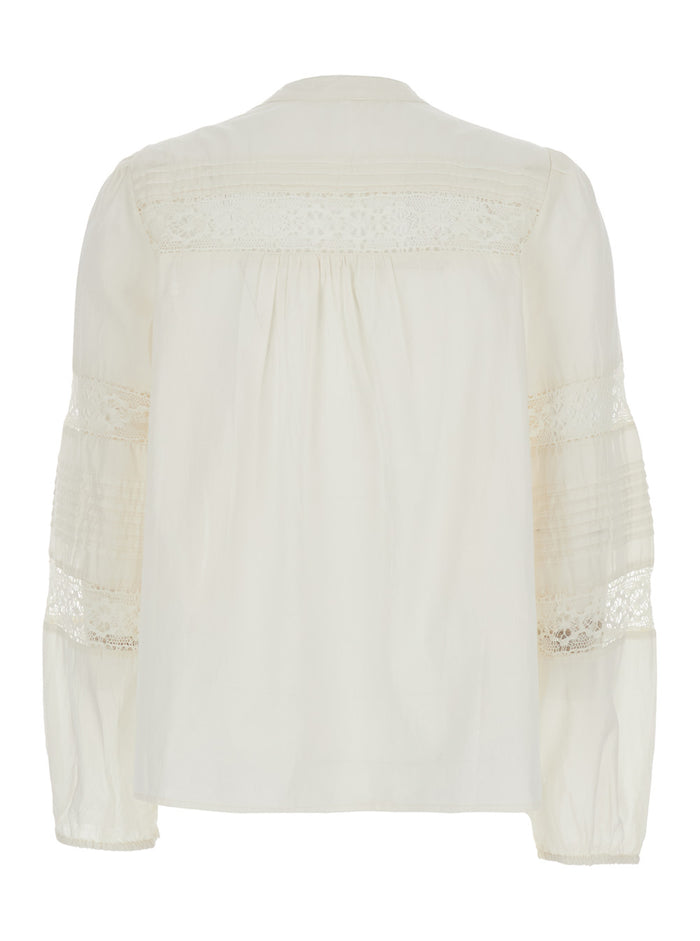 White crew neck blouse with knot closure and embroidered design in cotton woman Shirts Blouses
