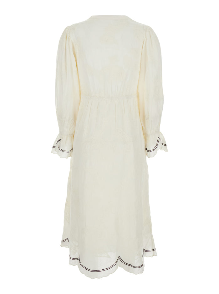 Prisco White Long Dress With V-Neck And All Over Embroidered Details Fabric Woman