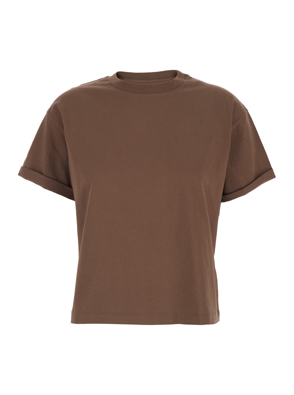 Round neck T-shirt with raised collar and folded sleeves brown women Cotton Tshirts Polo Shirts