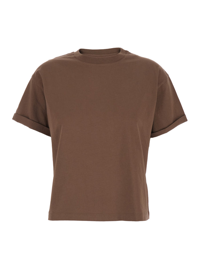 Round neck T-shirt with raised collar and folded sleeves brown women Cotton Tshirts Polo Shirts