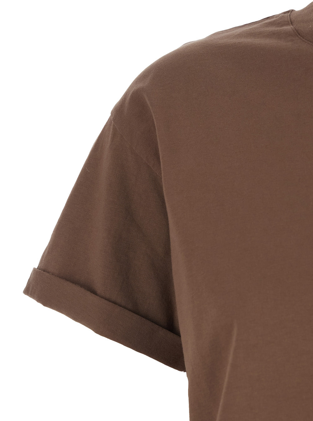 Round neck T-shirt with raised collar and folded sleeves brown women Cotton Tshirts Polo Shirts