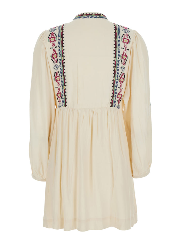 Telma White Dress With Knot Closure And Embroidered Details Viscose Woman