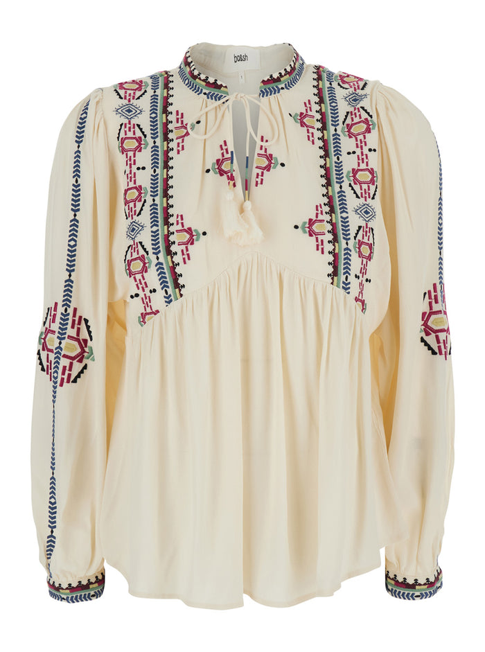 White Blouse With Knot Closure And Embroidered Details In Viscose Woman Shirts Blouses