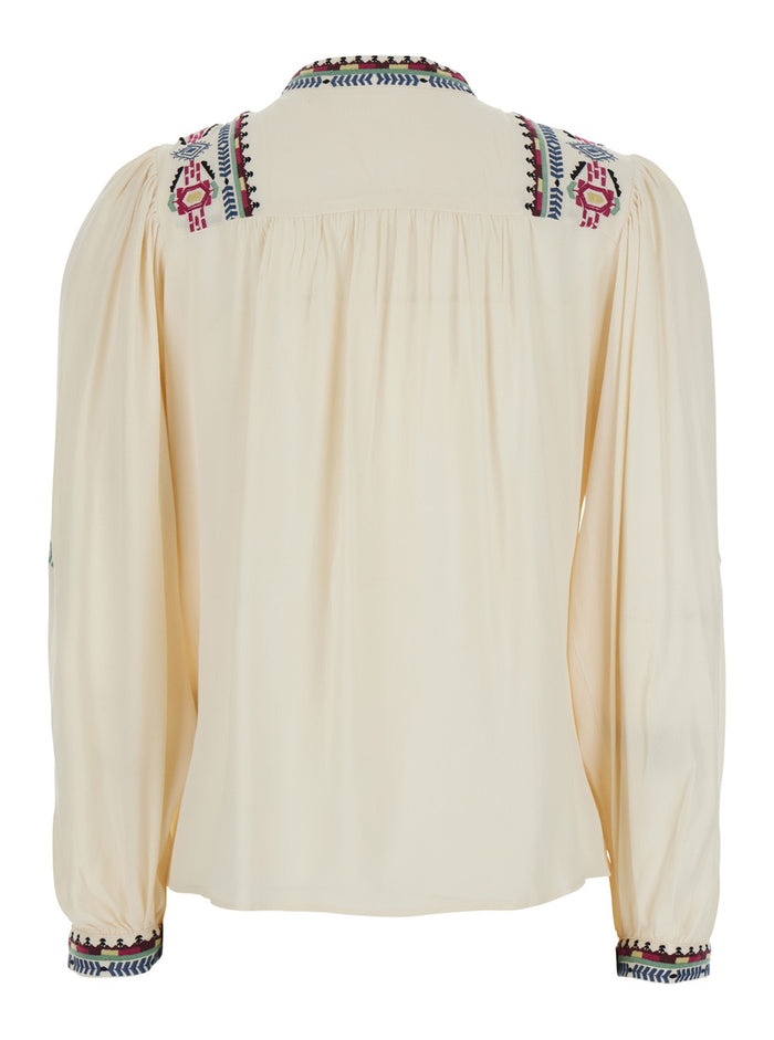 White Blouse With Knot Closure And Embroidered Details In Viscose Woman Shirts Blouses