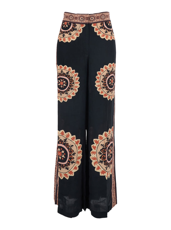 Valla Black Pants With Elasticated Waist And All-Over Floral Motif Viscose For Women Trousers