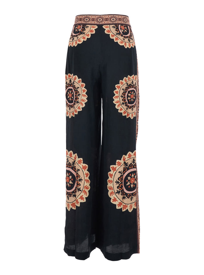 Valla Black Pants With Elasticated Waist And All-Over Floral Motif Viscose For Women Trousers