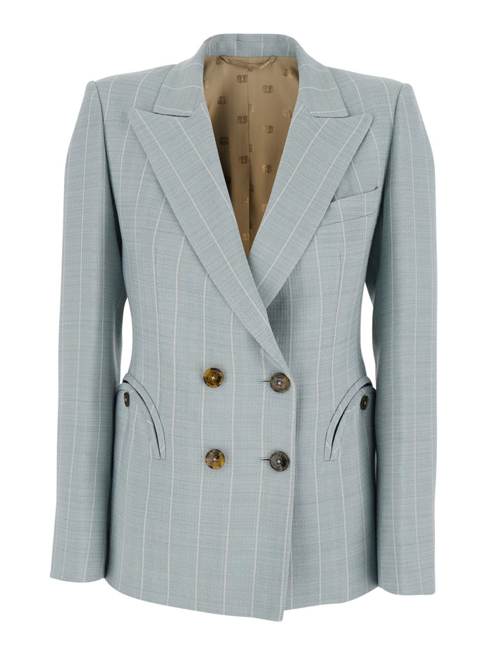 Light Blue jacket with peaked lapels and striped motif in viscose woman Polyester Blazers