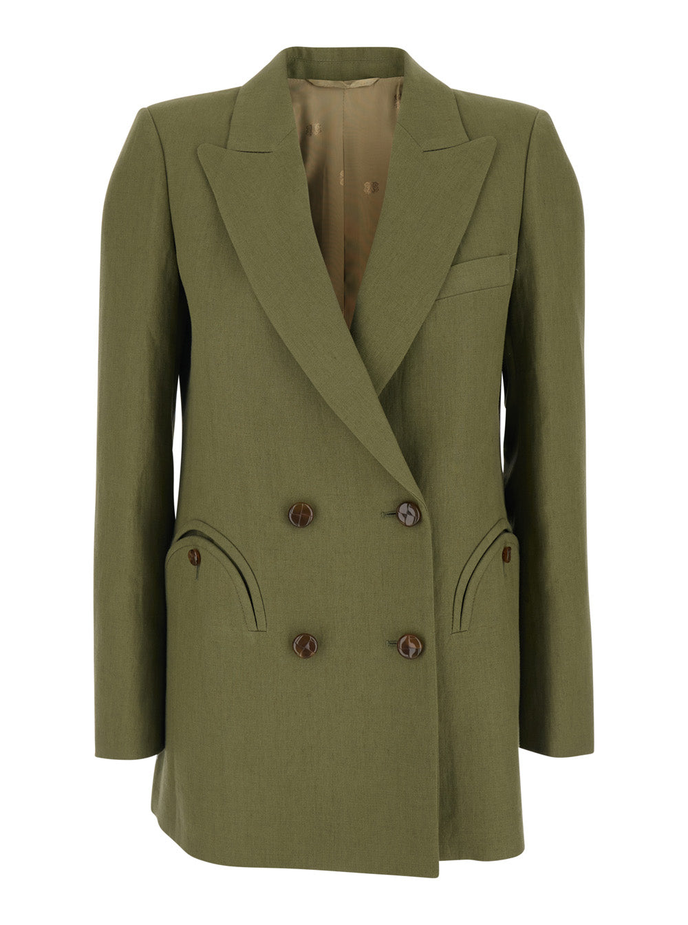 Double-breasted jacket with peak revers in green viscose for women Linen Blazers
