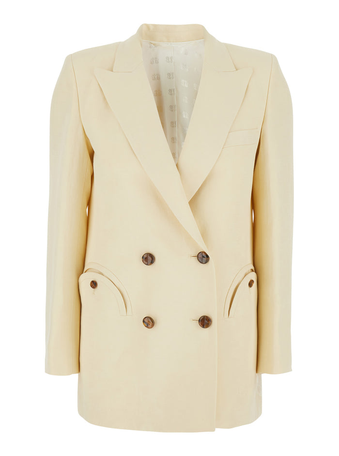 Beige Double-breasted Jacket in Linen and Silk Blend for Women Blazers