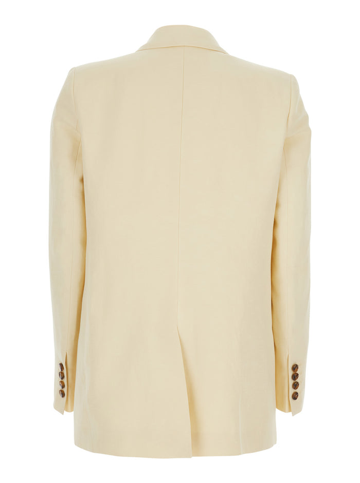 Beige Double-breasted Jacket in Linen and Silk Blend for Women Blazers