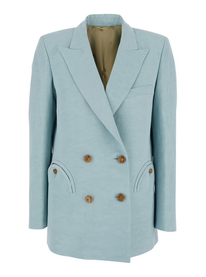 Blue Silk Blend Jacket with Peak Revers for Women Light Linen Blazers