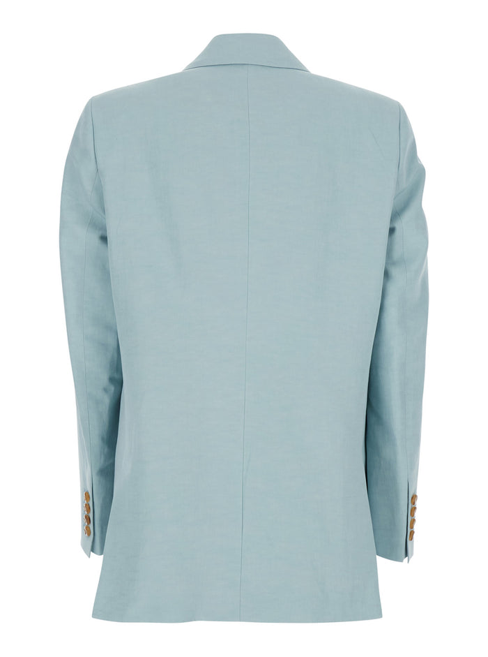 Blue Silk Blend Jacket with Peak Revers for Women Light Linen Blazers