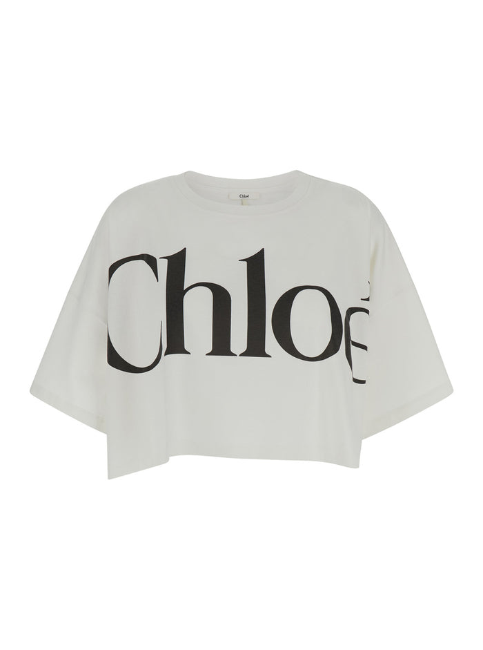 White Crop T-Shirt with Logo Lettering in Cotton Woman Tshirts And Polo Shirts