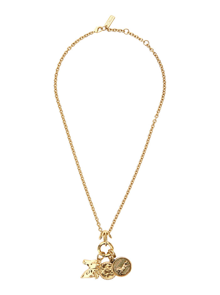 Necklace with Hook Closure and Three Brass Logo Charms for Women Metallic Necklaces