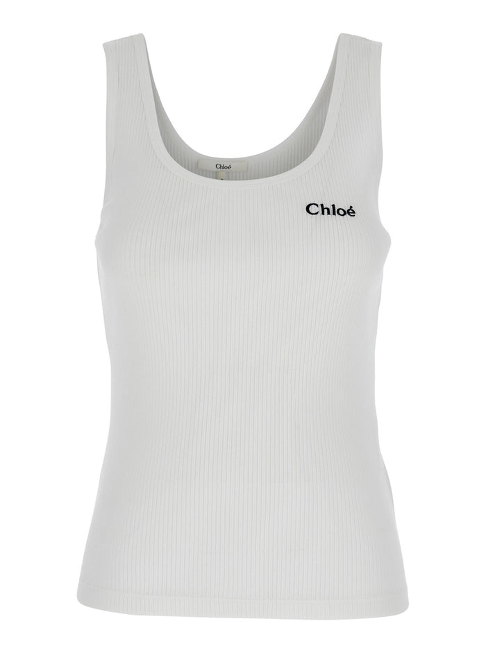 White Top with Embroidered Logo on the Front in Cotton Woman Tops