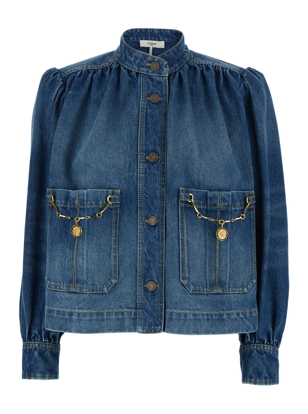 Blue Jacket with High Neck and Chain Detail on the Front in Denim Woman Blu Cotton Blazers
