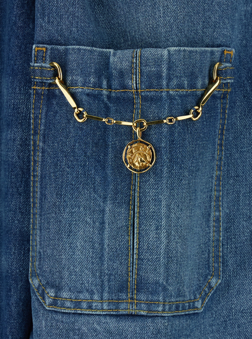 Blue Jacket with High Neck and Chain Detail on the Front in Denim Woman Blu Cotton Blazers