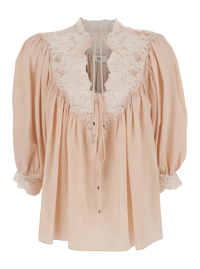 Pink Shirt with Balloon Sleeves and Lace Decorations in Silk for Women Blouses