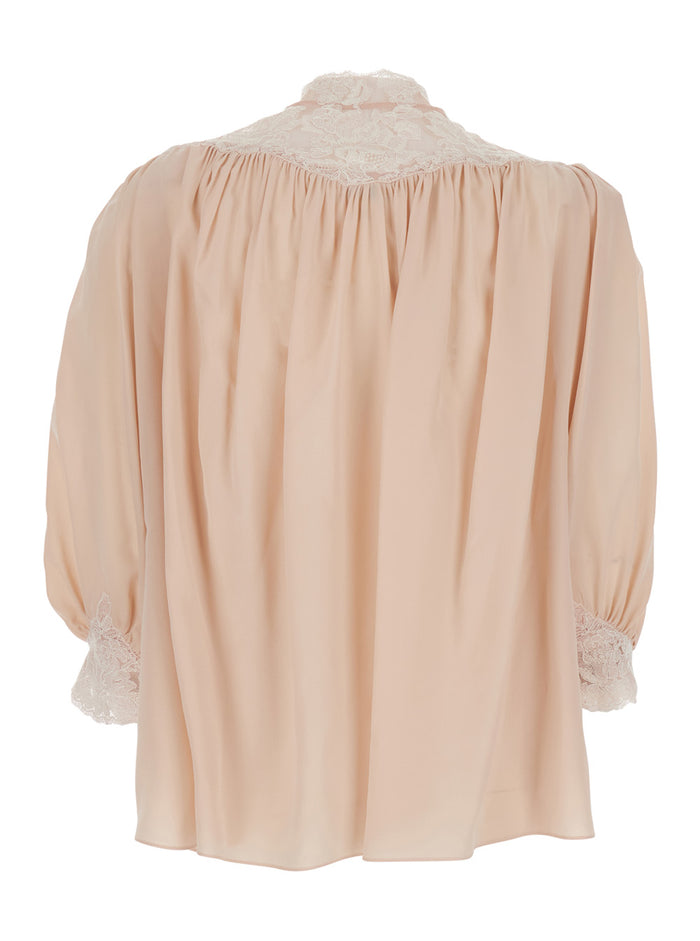 Pink Shirt with Balloon Sleeves and Lace Decorations in Silk for Women Blouses