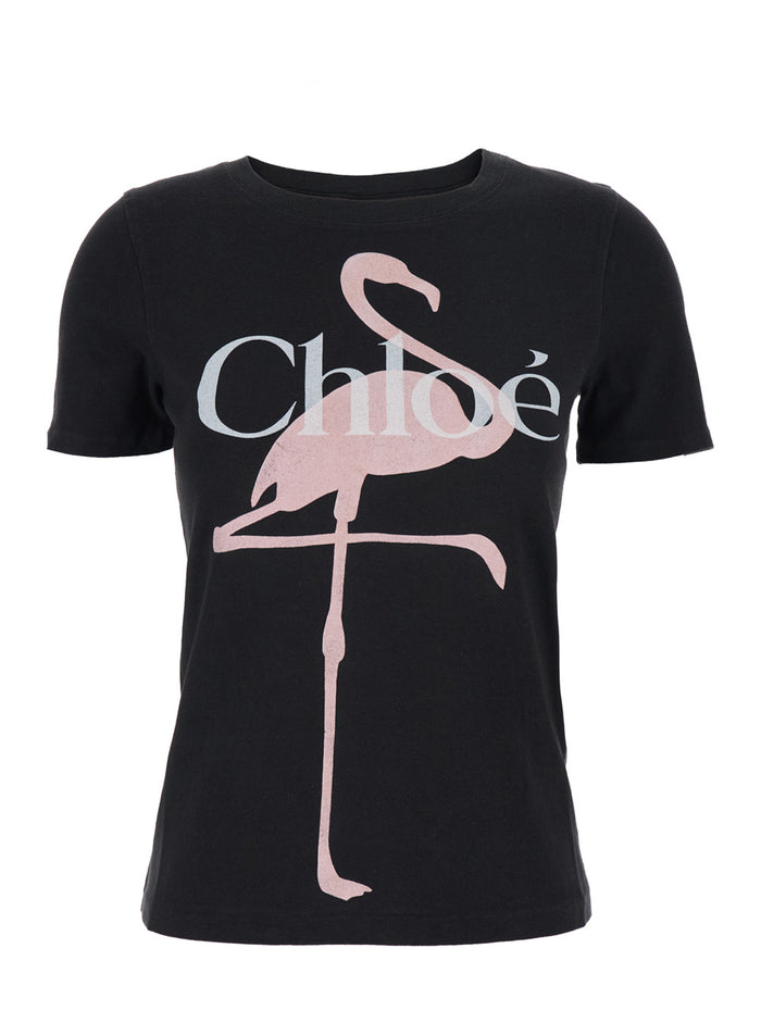 Black Crew Neck T-Shirt with Large Logo Print on the Front in Cotton for Women Tshirts And Polo Shirts