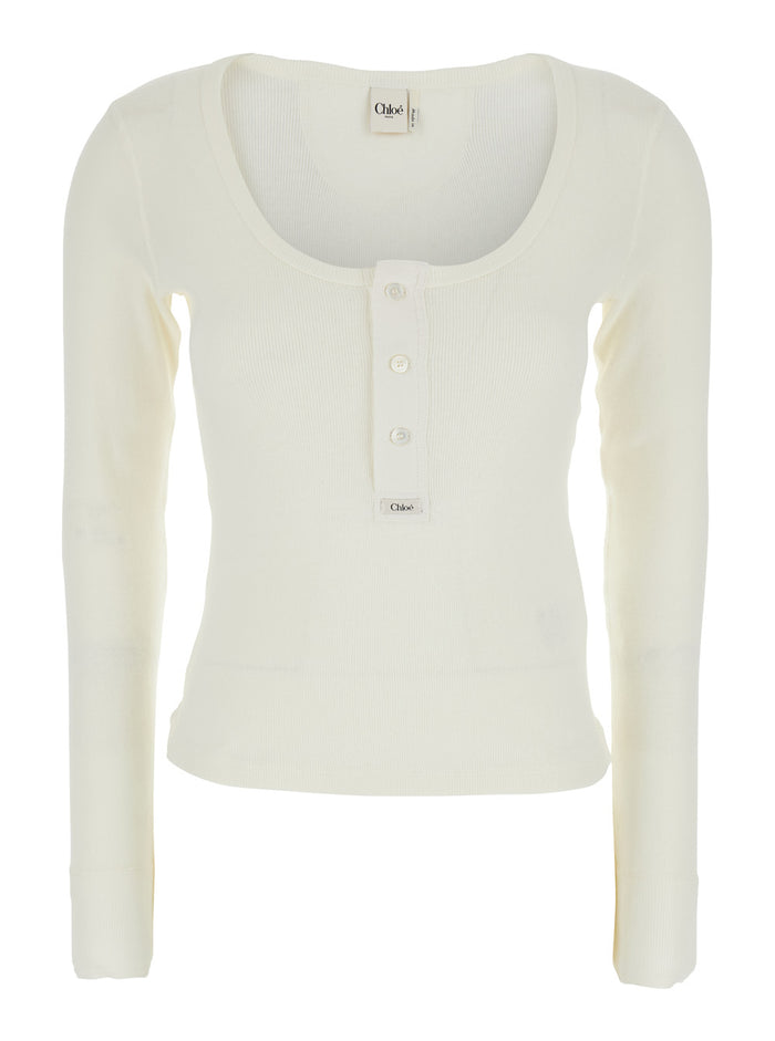 White Long Sleeve T-Shirt with Logo Patch on the Front In Ribbed Knit Cotton for Women Tshirts And Polo Shirts