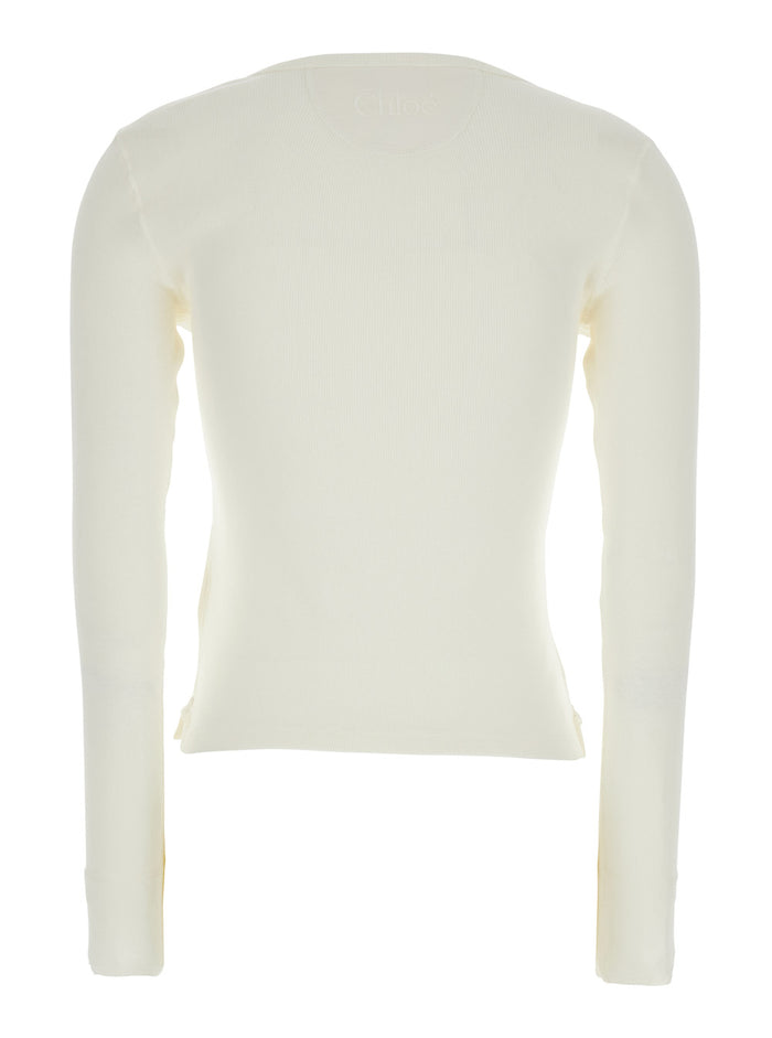 White Long Sleeve T-Shirt with Logo Patch on the Front In Ribbed Knit Cotton for Women Tshirts And Polo Shirts