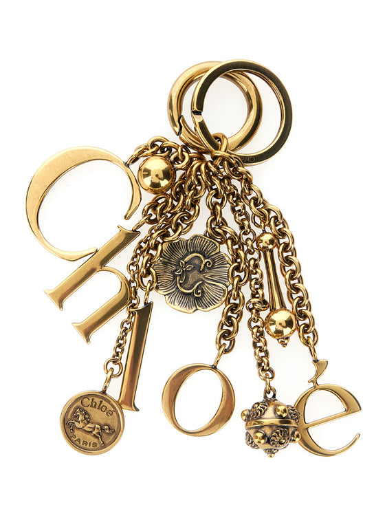 Gold Keychain with Chain Details and Letter Charms in Brass Blend for Women Metallic Zamak Leather Products