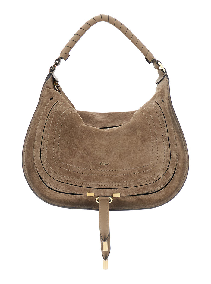 Marcie Medium Brown Shoulder Bag with Lettering Logo on Front in Suede Woman Leather