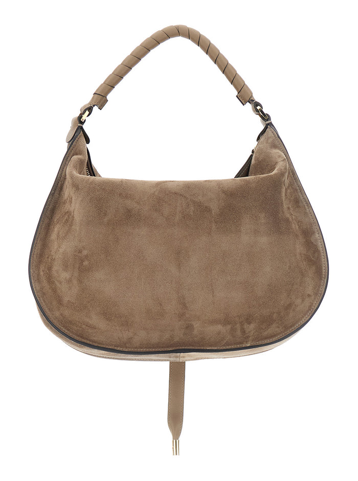 Marcie Medium Brown Shoulder Bag with Lettering Logo on Front in Suede Woman Leather