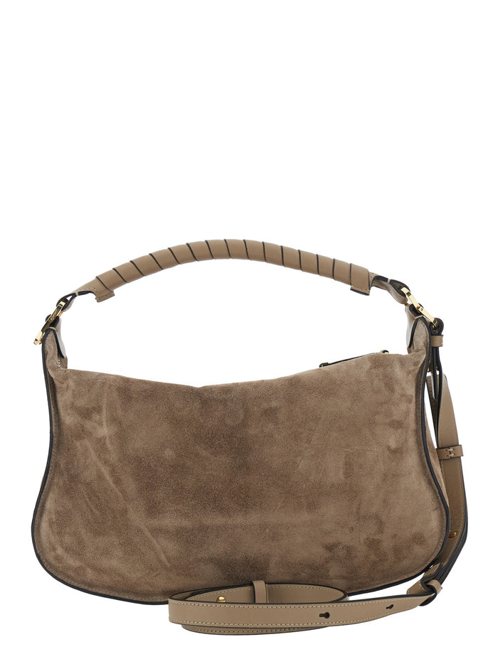 Marcie Brown Medium Shoulder Bag with Logo Lettering on the Front in Suede for Women Leather