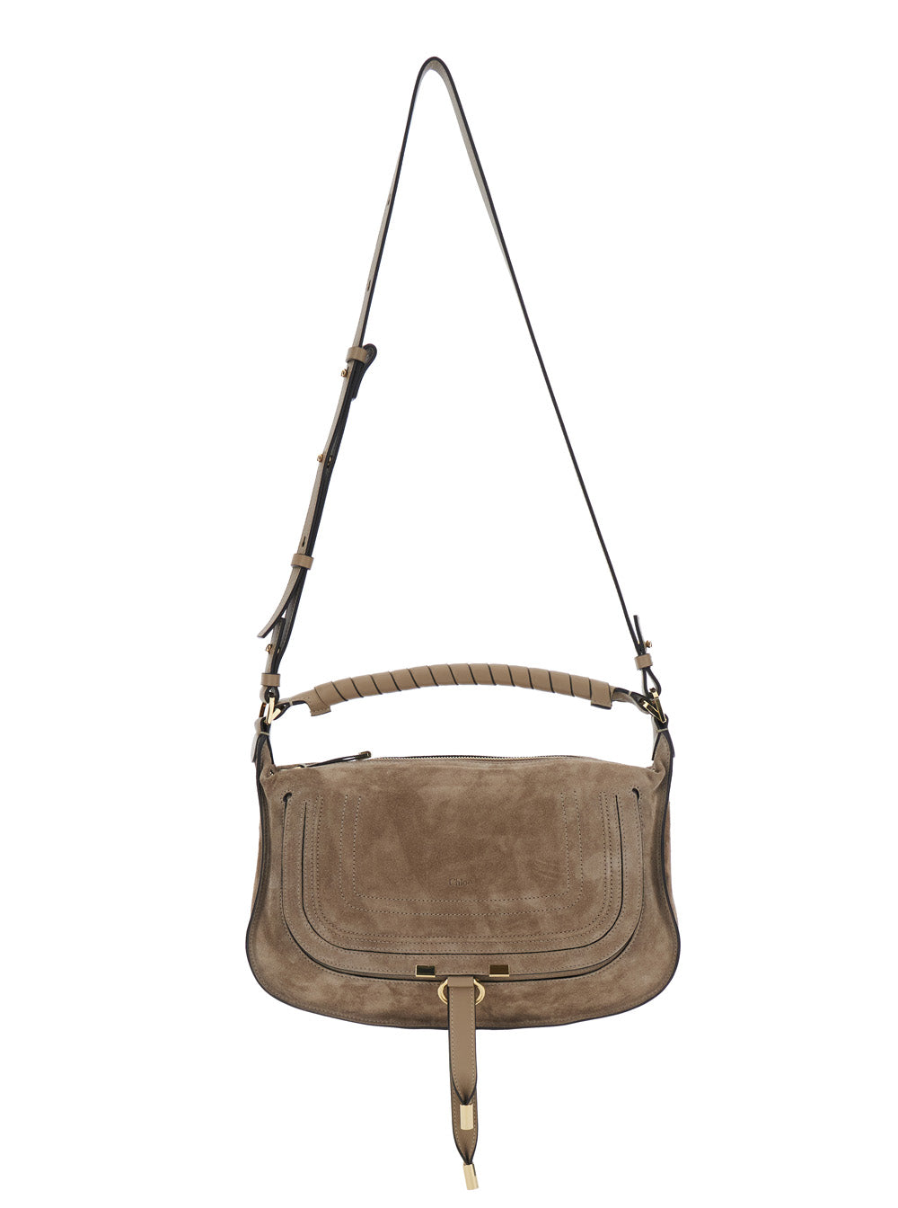Marcie Brown Medium Shoulder Bag with Logo Lettering on the Front in Suede for Women Leather