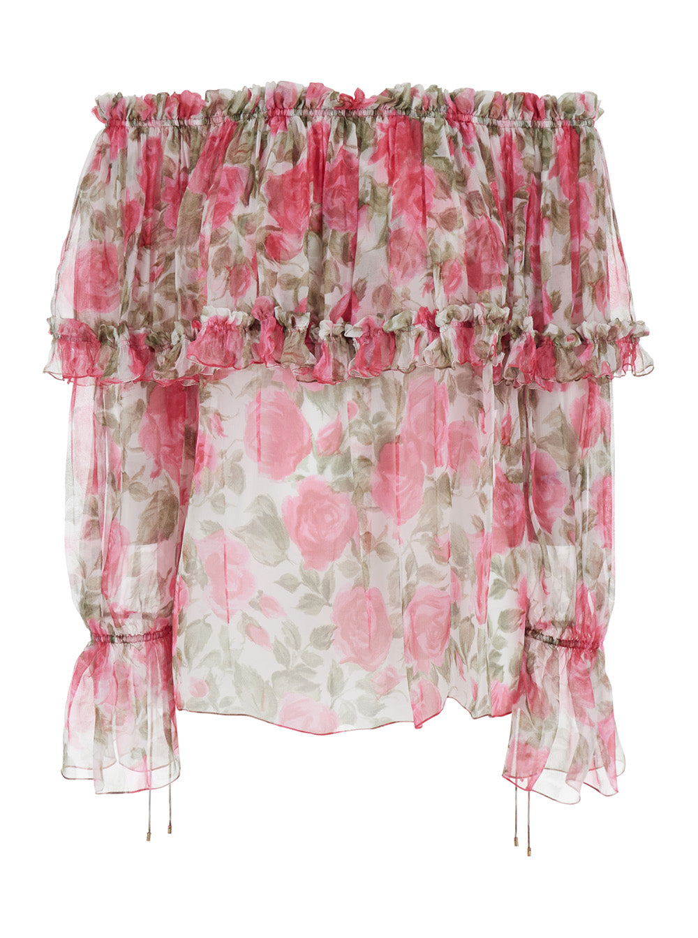 Pink Off Shoulder Top With All-Over Floral Print In Silk For Women Shirts And Blouses