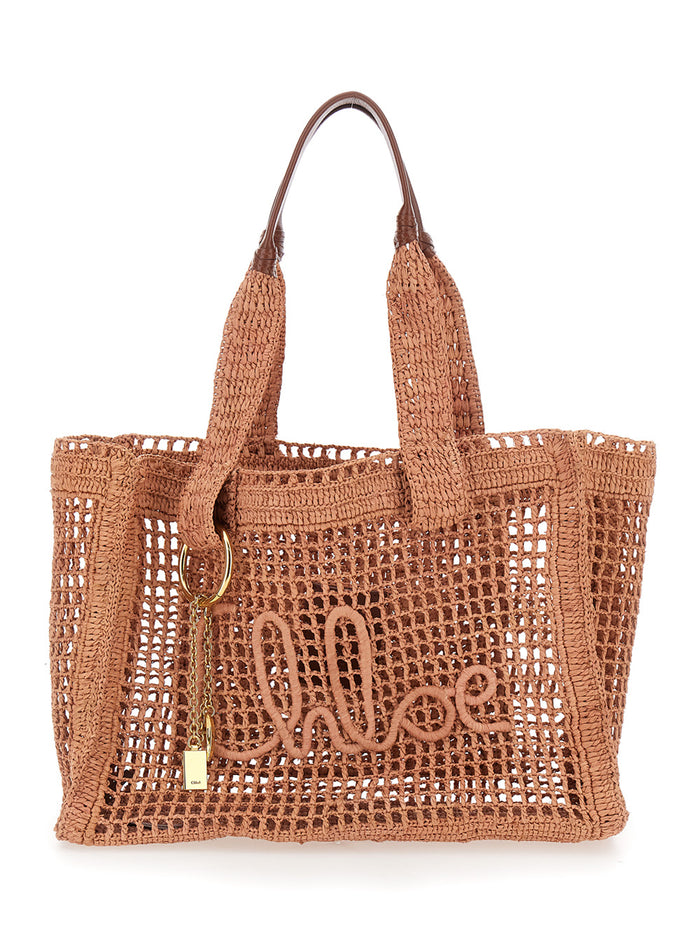 Summer Banana Beige Shopper with Lock Detail and Logo Lettering in Raffia for Women Tote Bags