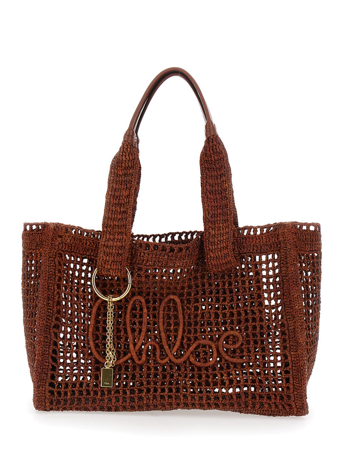 Summer Banana Brown Tote Bag With Lock Detail And Lettering Logo Raffia For Women