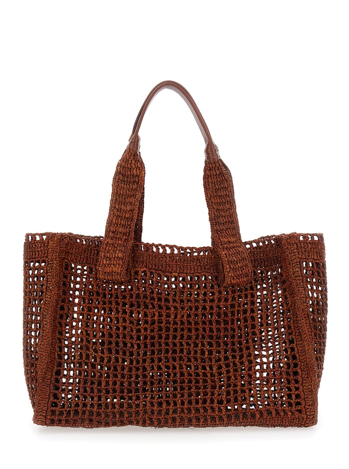 Summer Banana Brown Tote Bag With Lock Detail And Lettering Logo Raffia For Women