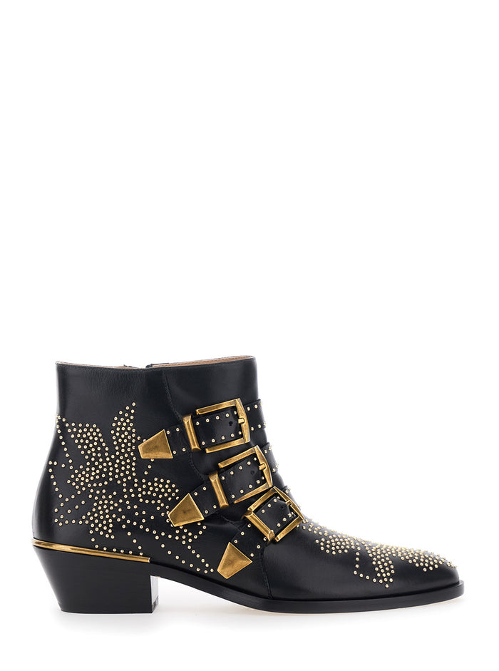 Susan Black Ankle Boots with Stud Decoration in Leather for Women Calf