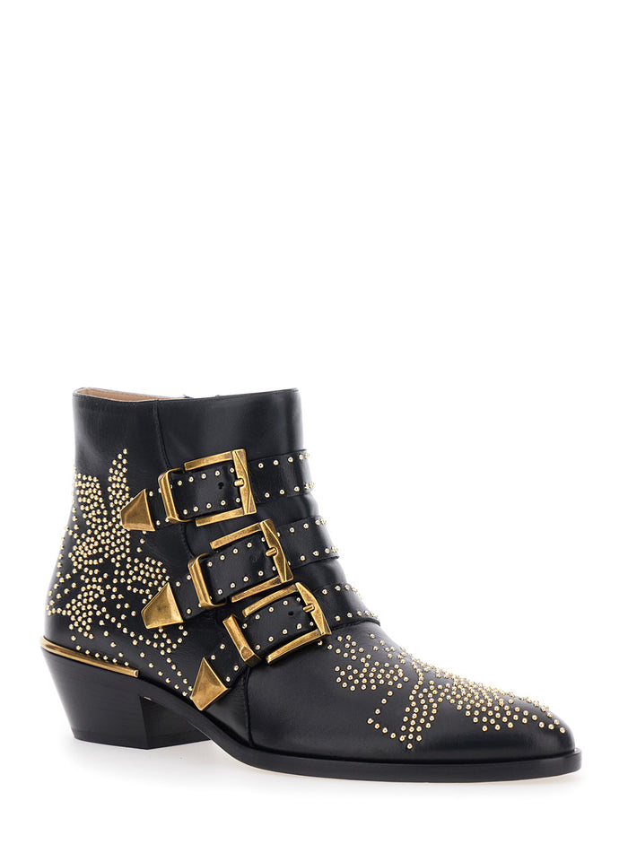 Susan Black Ankle Boots with Stud Decoration in Leather for Women Calf
