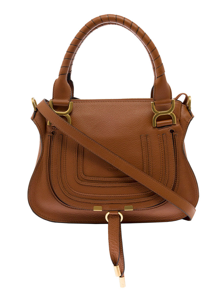 Mercie Brown Handbag with Logo Embossed on the Front in Leather Woman Calf Hand Bags