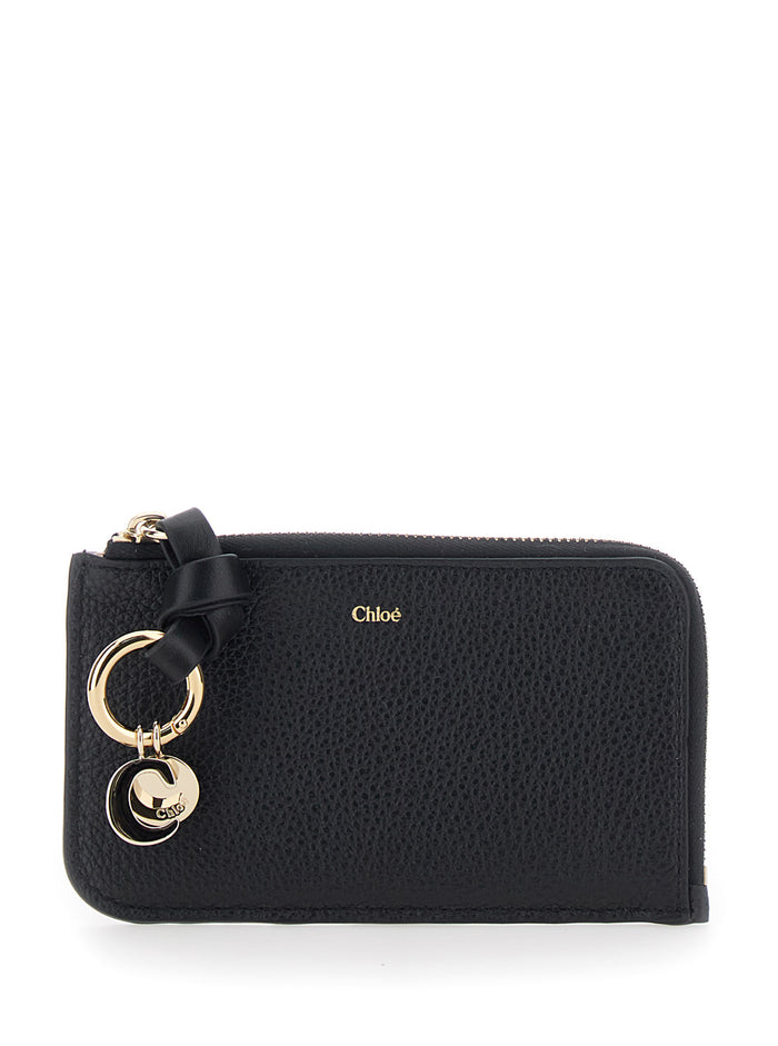 Black Wallet with Logo Charm on the Front and Top Zip Closure in Grained Leather for Women Products
