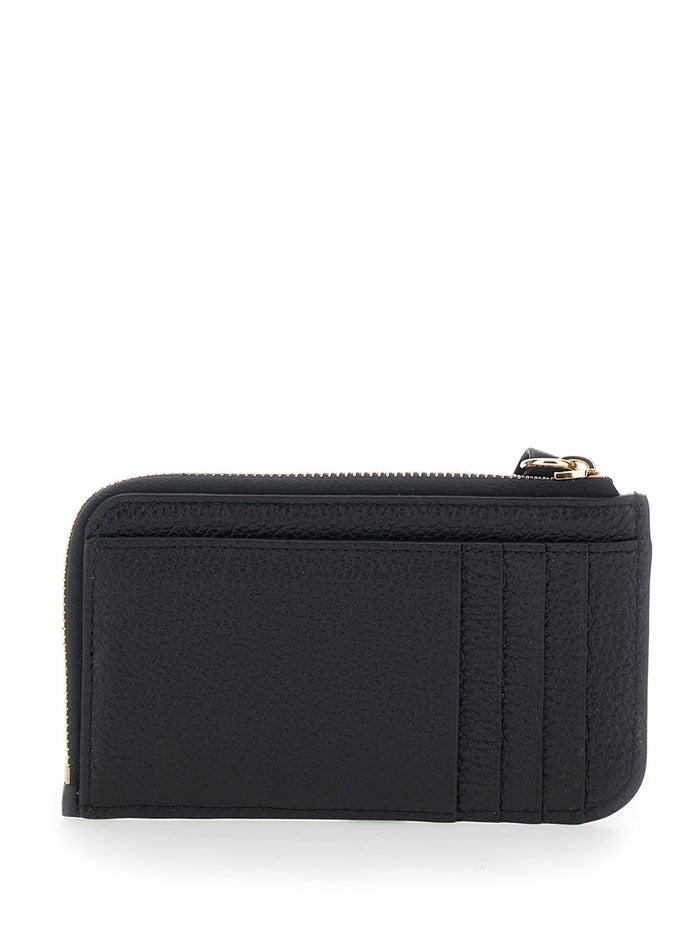 Black Wallet with Logo Charm on the Front and Top Zip Closure in Grained Leather for Women Products