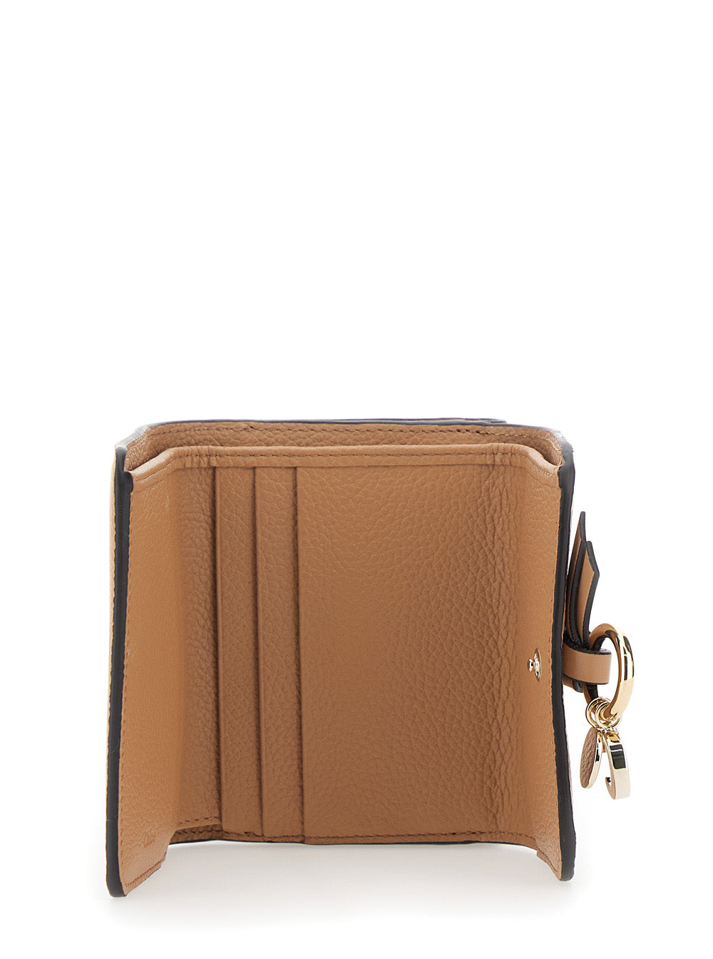 Small Tri-Fold Wallet with Charm on the Front and Magnetic Closure in Beige Leather for Women Products