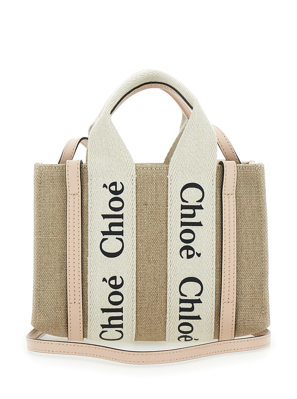 Handbag Woody with Logoed Ribbons in Canvas and Beige Leather for Women Linen Crossbody Bags