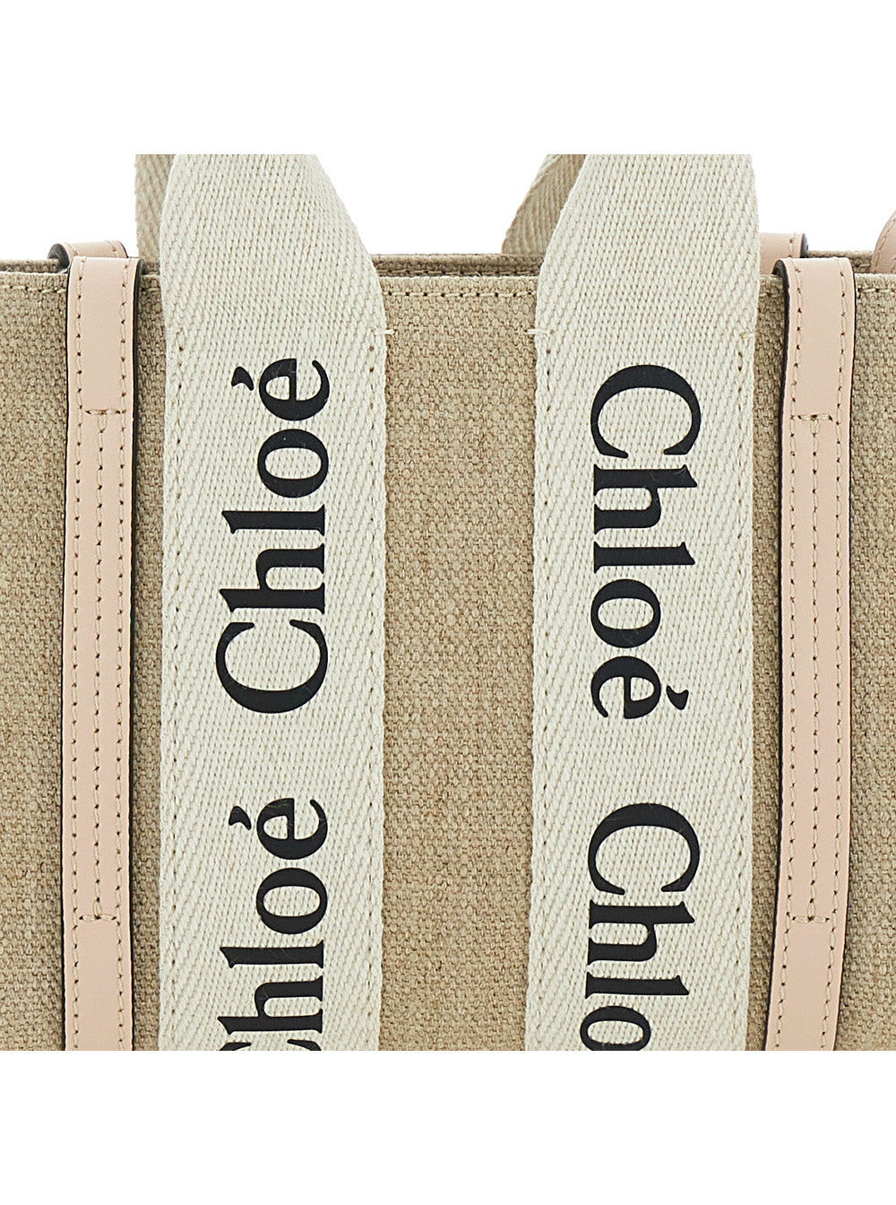 Handbag Woody with Logoed Ribbons in Canvas and Beige Leather for Women Linen Crossbody Bags