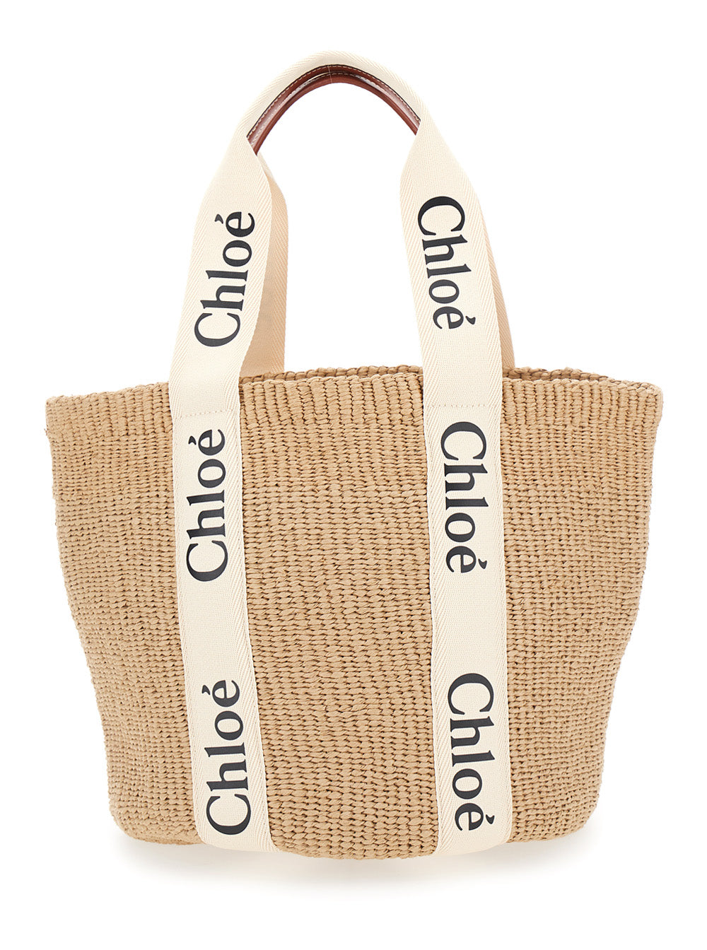 Woody Beige Shopper With Logo Shoulder Strap In Woven Natural Fibers Woman Tote Bags