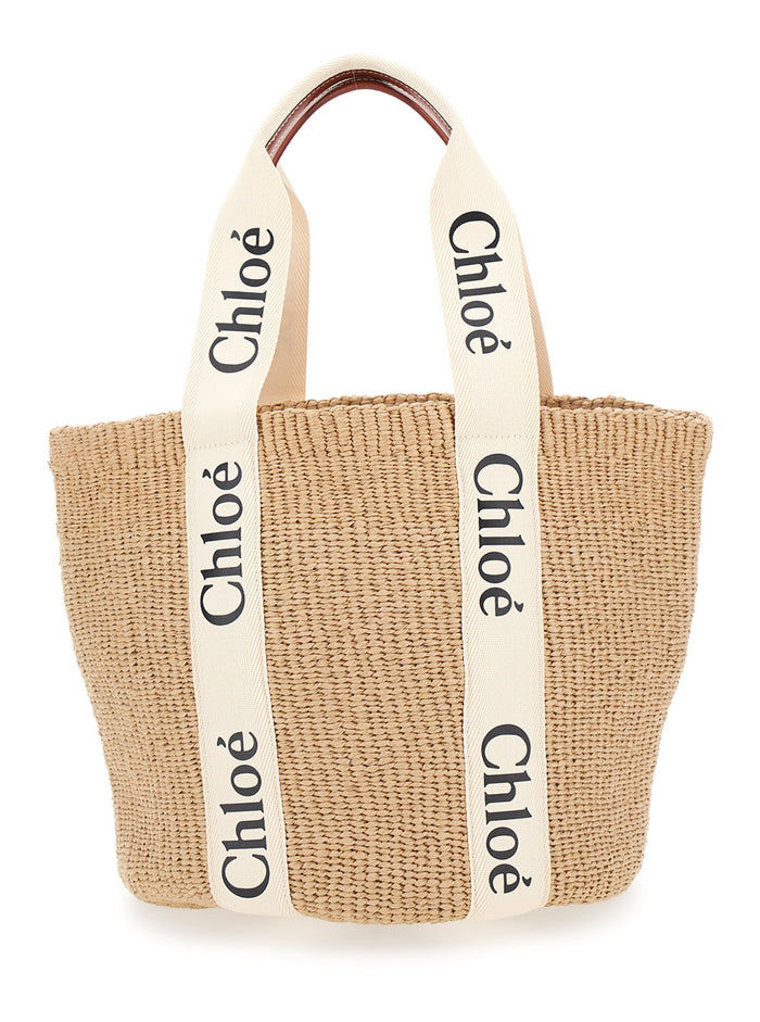 Woody Beige Shopper With Logo Shoulder Strap In Woven Natural Fibers Woman Tote Bags