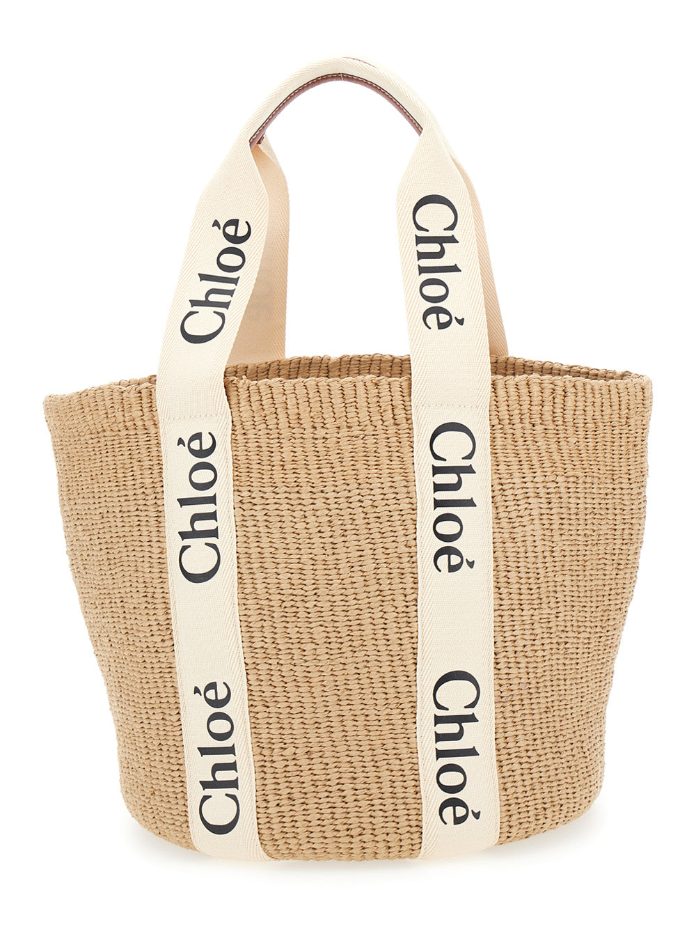 Woody Beige Shopper With Logo Shoulder Strap In Woven Natural Fibers Woman Tote Bags