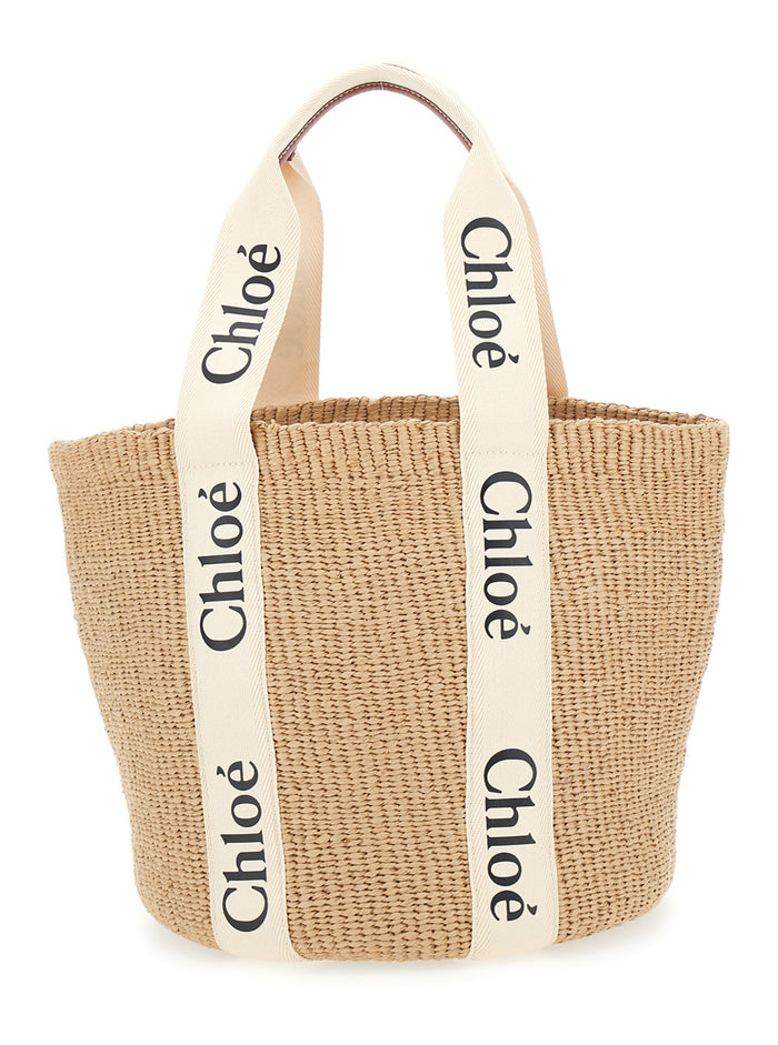 Woody Beige Shopper With Logo Shoulder Strap In Woven Natural Fibers Woman Tote Bags